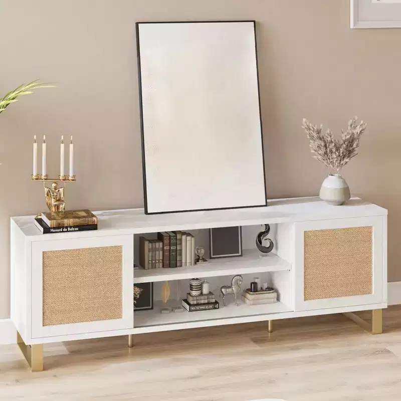 Brown Rattan TV Stand, Boho Style, Fits TVs up to 65