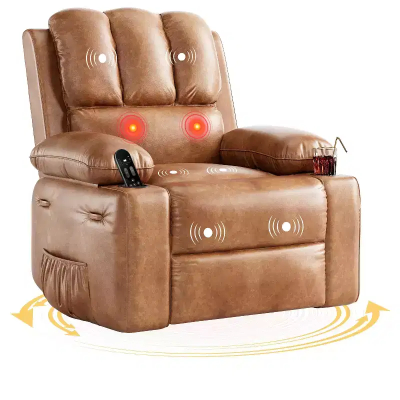 Extra-large swivel rocking chair with heating and massage functions, manually adjustable backrest, ergonomic support, double cup holders