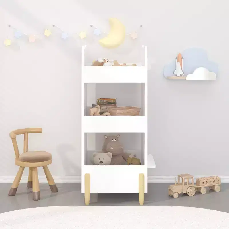 Kids Bookshelf with Chalkboard Side C Bear-Shaped Wooden Bookcase with 3-Tier Storage, Drawing Board for Toddlers