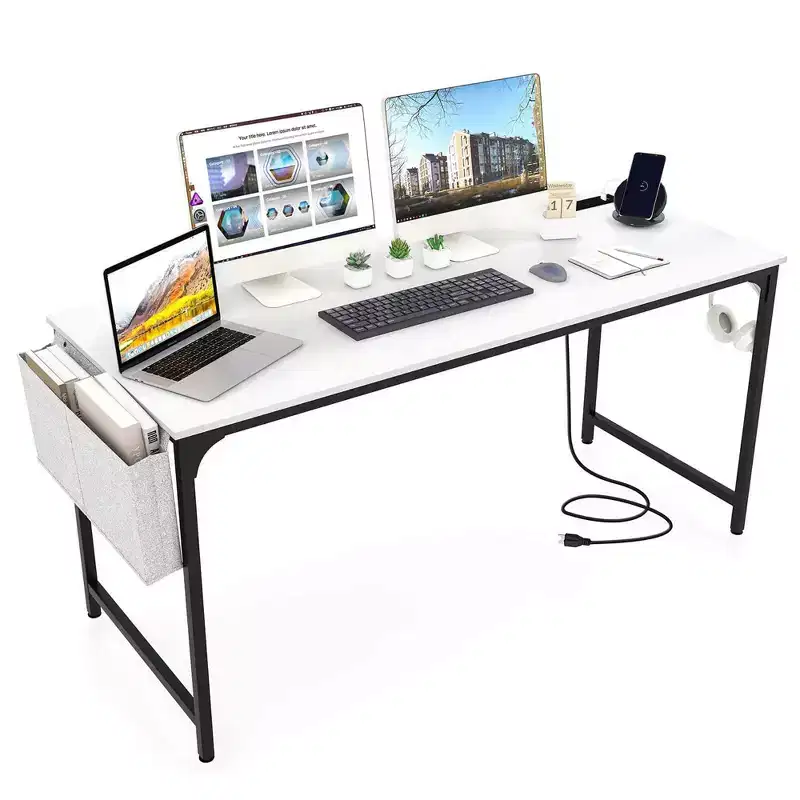 Costway 60 Modern Computer Desk with Charging Station with Storage Bag & Headphone Hook White