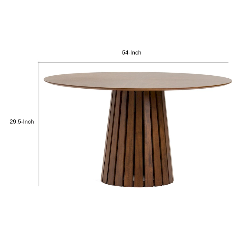 Cid Xeu 54 Inch Dining Table, Round Walnut Veneer, Slatted Pedestal Base