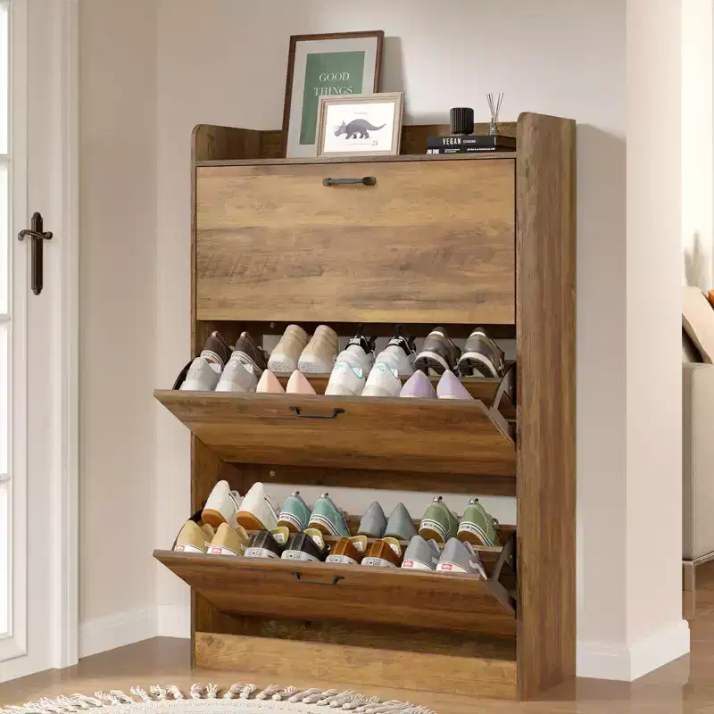 GARPROVM Farmhouse Wood Shoe Cabinet with 3 Flip Doors & Removable Shelves Entryway Shoe Storage