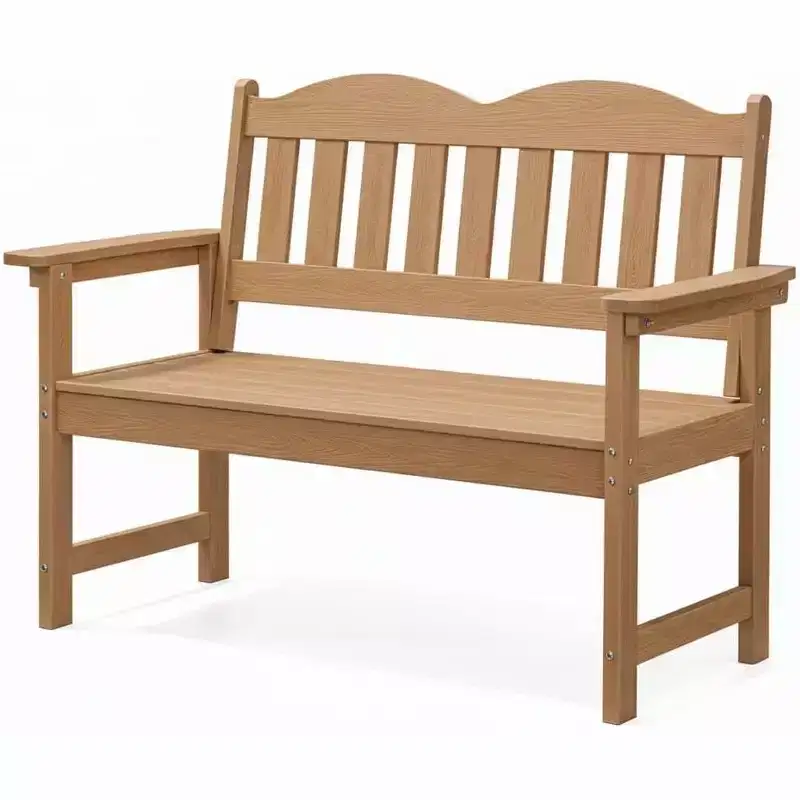 Wood Outdoor Bench, 2-Person Slatted Patio Loveseat with Back & Armrests for Garden, Porch, Deck, Park - Natural, Charcoal, Brown, Blue