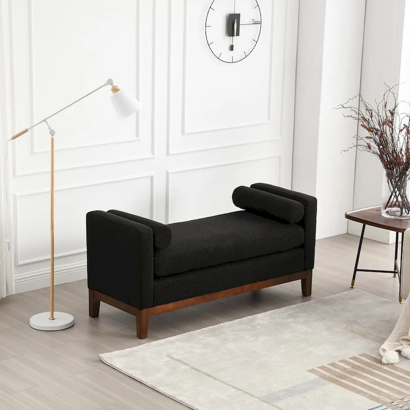 53.5W Elegant Boucle Upholstered Bench, Ottoman with Wood Legs & Bolster Pillows
