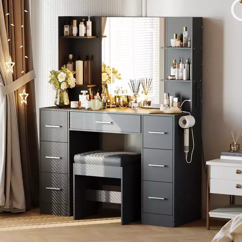 GustoWave 43 Vanity Desk with Mirror and led light, 7 Drawers Shelves Hairdryer Rack Makeup Table for Bedroom
