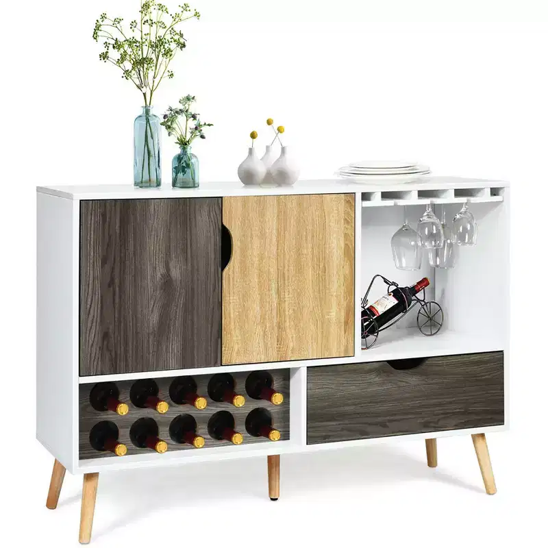 Mid-Century Buffet Sideboard Wooden Storage Cabinet with Wine Rack & Glass Holder