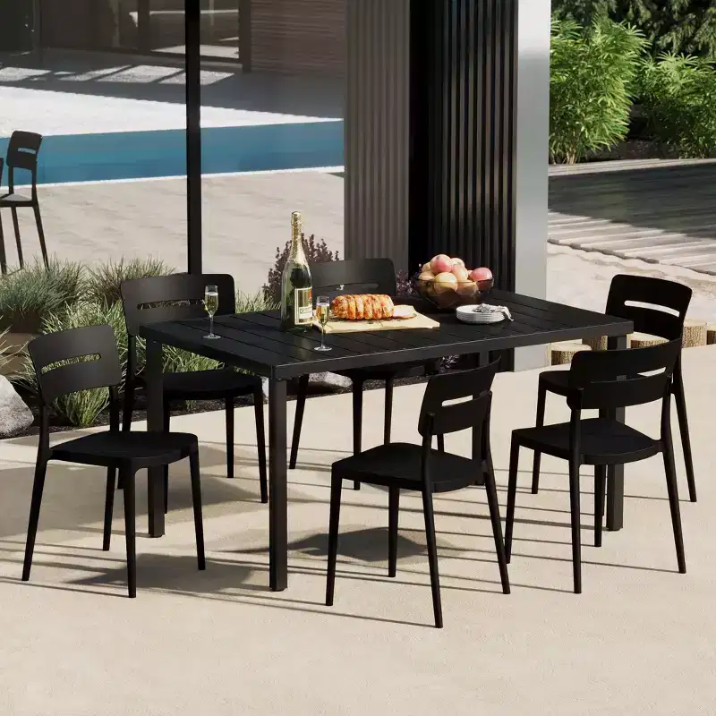 WestinTrends Playa 7-Piece Outdoor Rectangular Metal Patio Dining Table Set With Stackable Patio Chairs