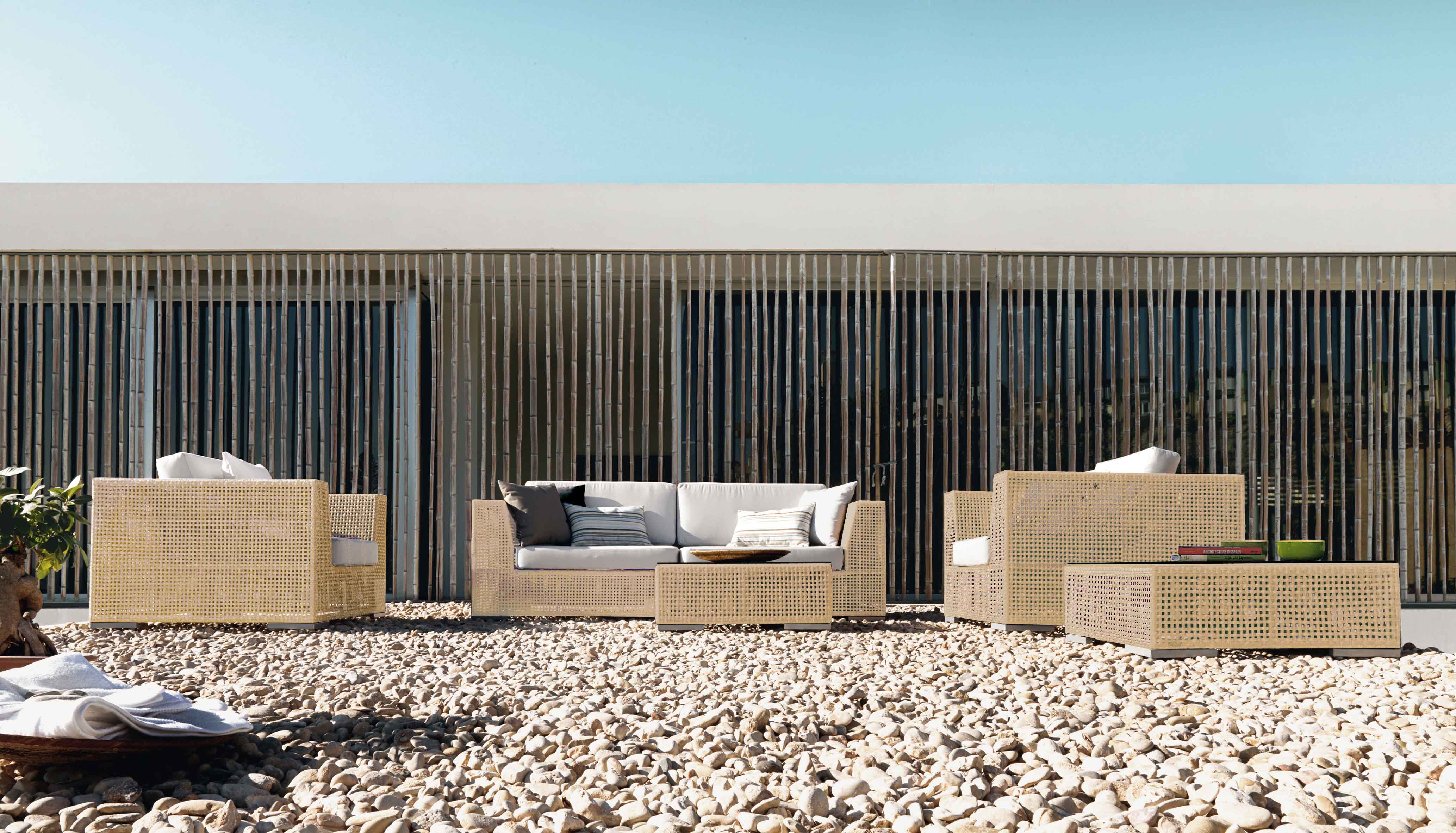 Outdoor Wicker Loveseat with Natural Cushions and Side Table