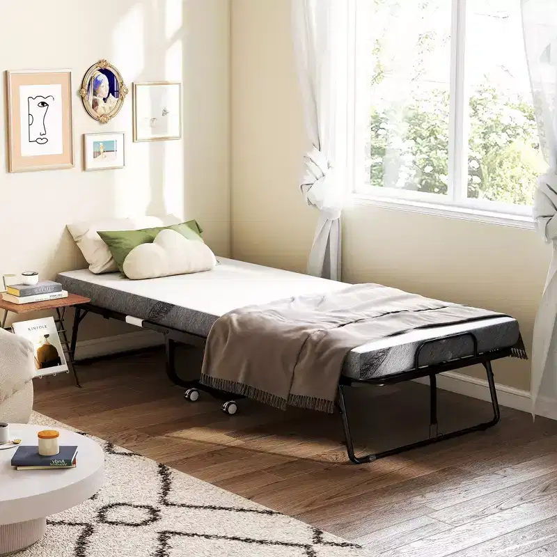 HOMCOM Rollaway Bed, Folding Bed with Mattress, Portable Foldable Guest Bed with Sturdy Metal Frame and Wheels, White