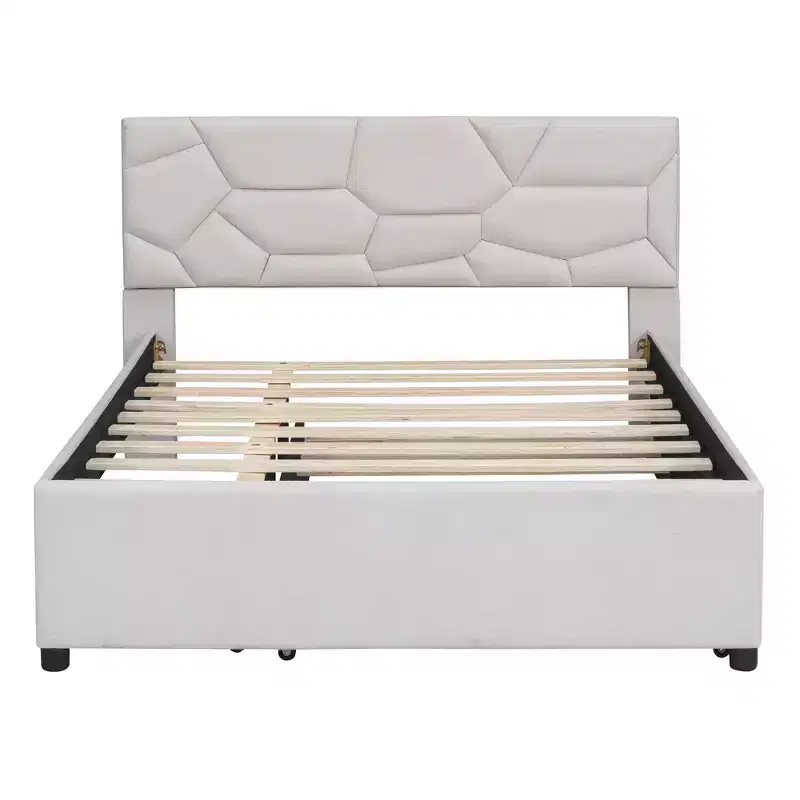 Luxystar Modern Linen Upholstered Platform Bed with Brick Pattern Headboard and Trundle