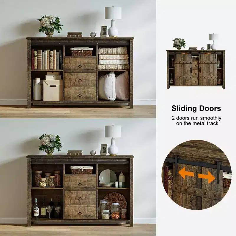 3-Drawer Kitchen Storage Cabinet Sideboard Buffet Cupboard with Sliding Barn Door