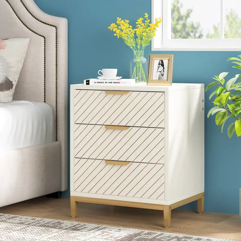 3-Drawer Nightstand with Gold Handles, Light Wood Grain, Particle Board and Metal Frame, 19.69W x 15.75D x 24.6H in
