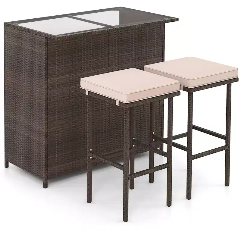 Gymax 3PCS Outdoor Bar Set 39 Rectangular Bar Table w/ 2 Soft Padded Stools Removable Cushions Tempered Glass Tabletop & 2 Storage Shelves Beige/Red