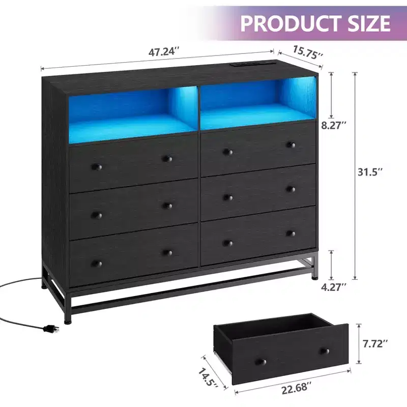 6 Drawer Double Dresser TV Stand, Bedroom Dresser with Power Outlet & LED Light, Wood Dresser for Room, Hallway, White