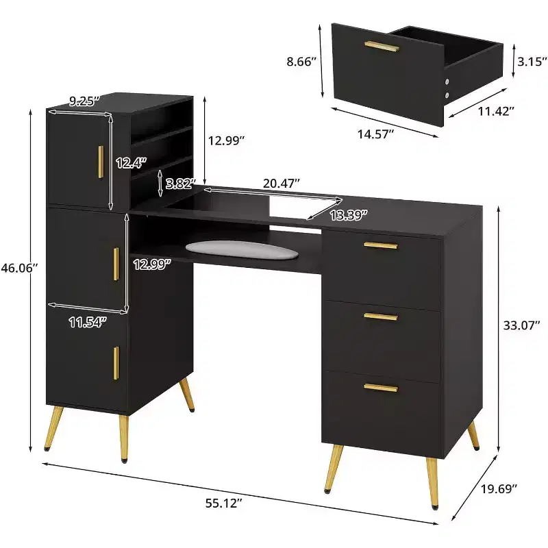 ELECWISH Portable Nail Desk with Drawers, Manicure Table Nail Desk for Nail Teck w/Glass Top and Wrist Rest, Nail Station Desk Metal Handles & Legs