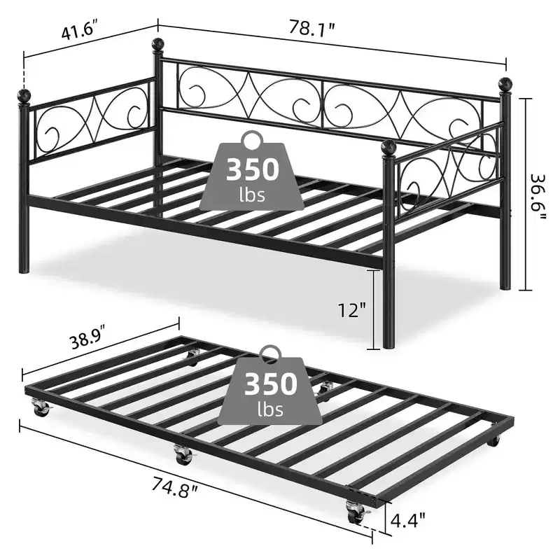 Twin Size Metal Daybed with Trundle, Floral Headboard and Heavy Duty Steel Slat Support