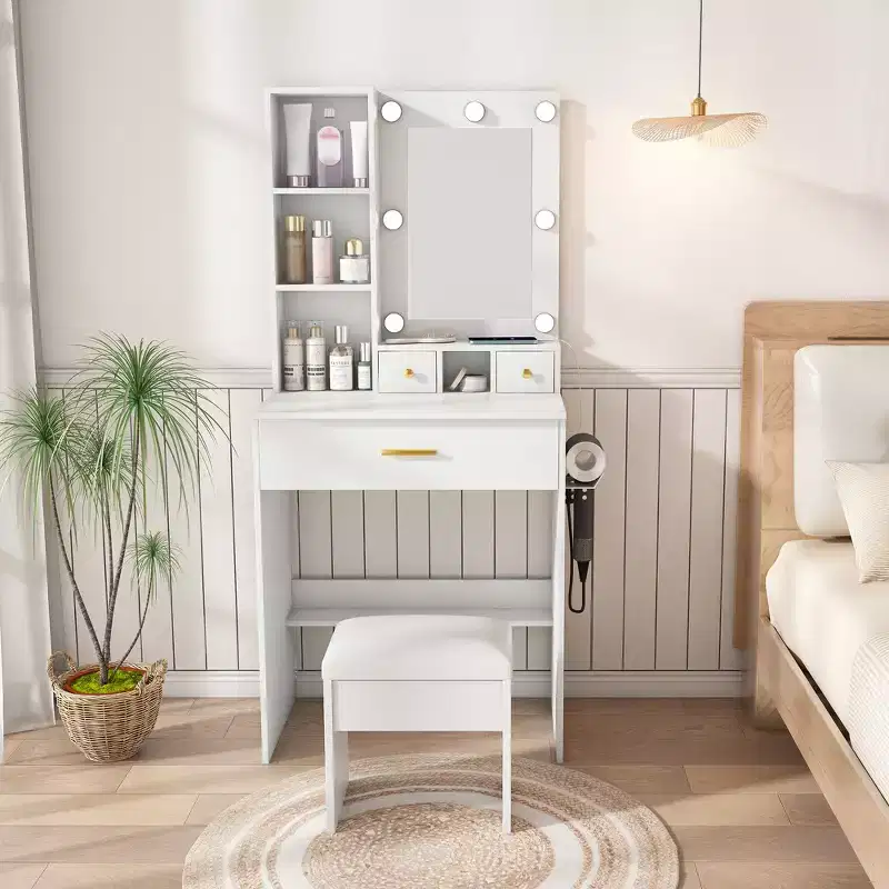 Vanity Table with Mirror & Adjustable LED Lights, Power Outlet, Hairdryer Holder & Stool  Compact Dressing Desk for Small Bedrooms(White)