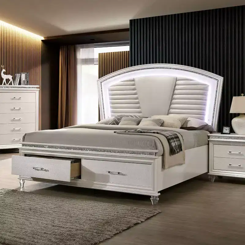 California King Foye 2 Drawer Platform Bed White: LED Light, Faux Crystal, Modern Design