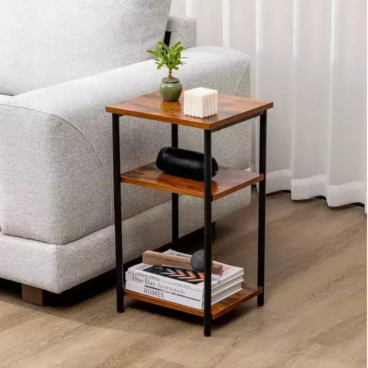 3-Tier Adjustable Height Coffee Table, Space-Saving Storage Bedside Table, Rust