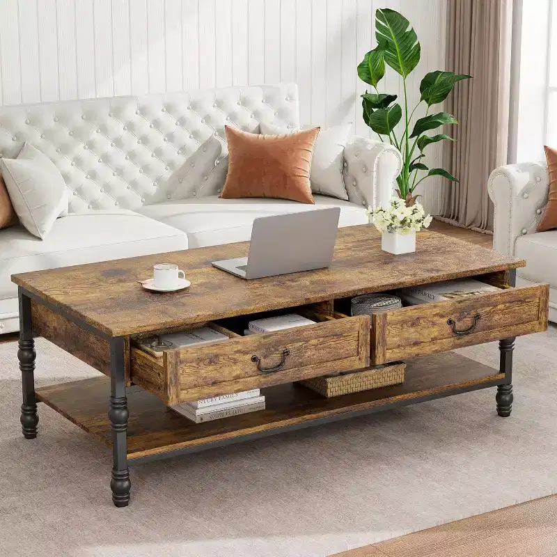 41 Wood Coffee Table with 2 Storage Drawers, Rustic Rectangular Living Room Tables w/Storage Shelf, Wooden Center Table for Living Room Office