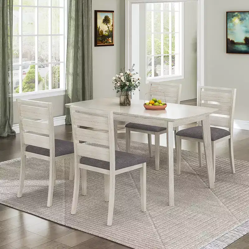 VECELO 5-Piece Farmhouse Style Dining Table Set, Rubber Wood Table and 4 Upholstered Dining Chairs, Gray