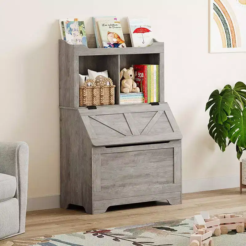 Coolmee 47.8 inch Wooden Kids Bookcase with Flip-Top Lid, Boys Girls Toy Storage Organizer for Playroom, Bedroom, Nursery, and Kindergarten