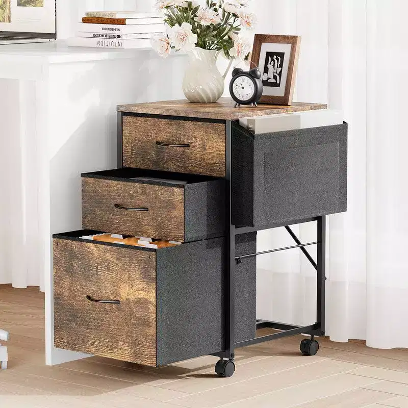 Karl Home15 Inch Embossed Metal Framed Wooden File Cabinet with 3 Drawers and Wheels