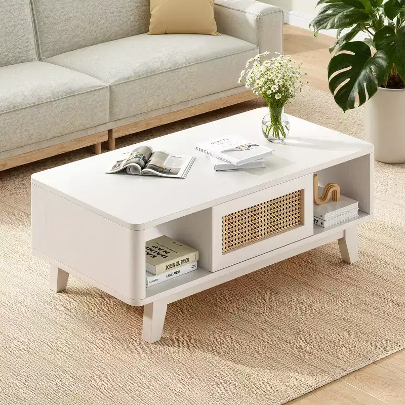 MAYEERTY 44in White Modern Square Wooden Coffee Table With Rattan Drawer for Living Room