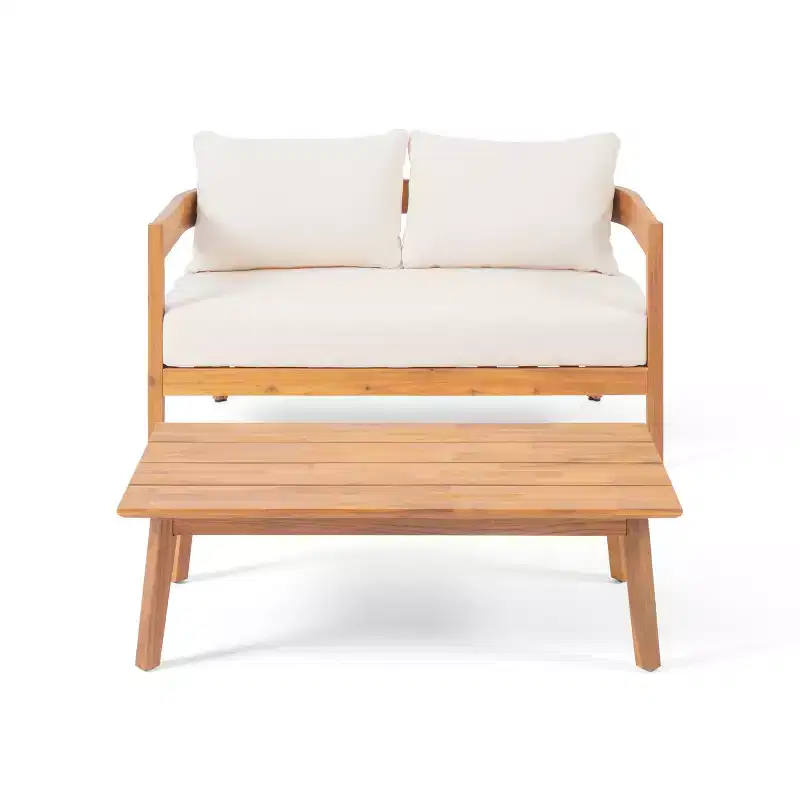 GDFStudio Burrough Outdoor Acacia Wood Loveseat and Coffee Table Set with Cushions