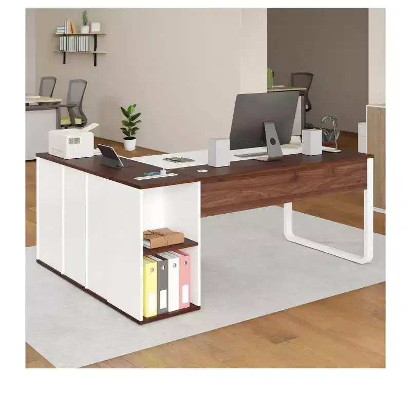 71inch L Shaped Desk with Drawers Executive Desk With File Cabinet, Corner Office Desk with Bookshelf For Home Office White & Walnut