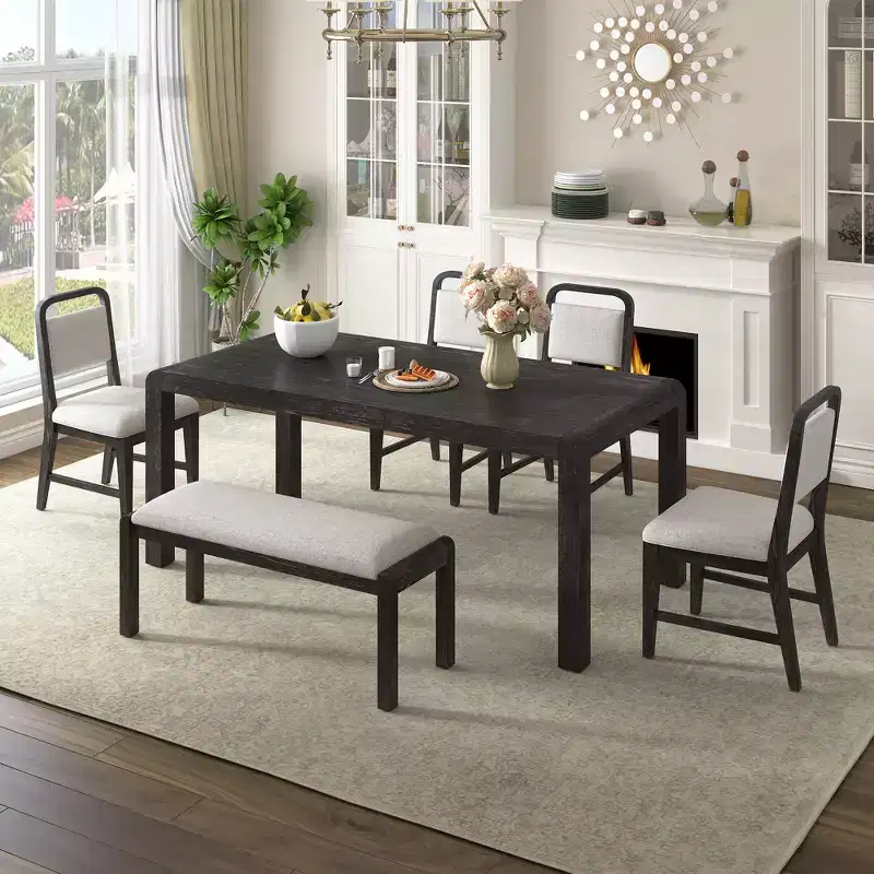 GDFStudio Betsy Vintage Extendable Dining Table Set for 4-6 with Upholstered Chairs and Bench