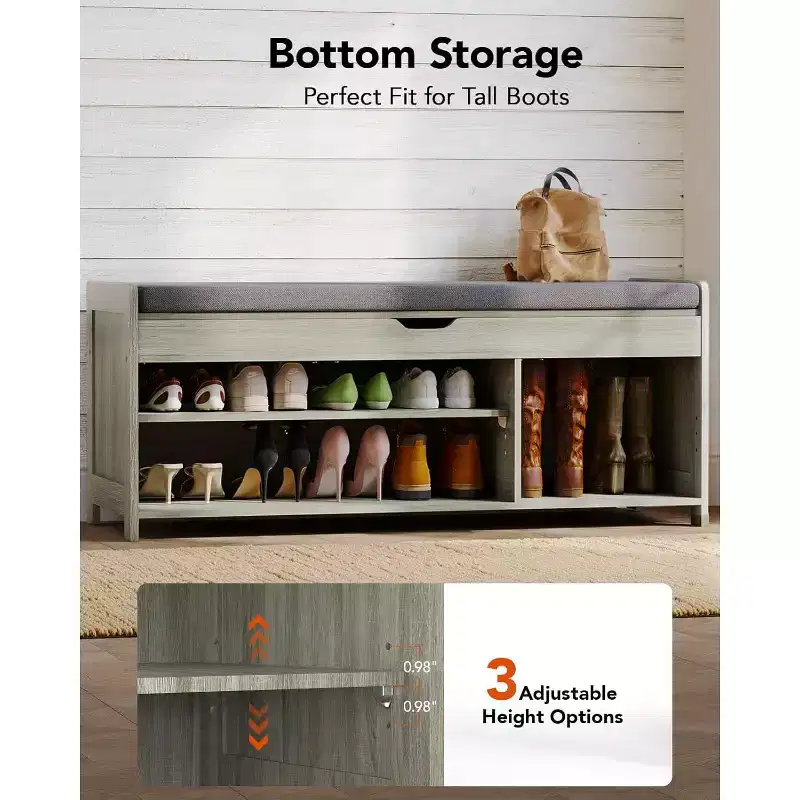 Shoe Rack Bench, 2-Tier Shoe Storage Bench with Cushioned Seat, Entryway Bench with Adjustable Shelf & Barn Doors, Maximum weight capacity 300 LBS.