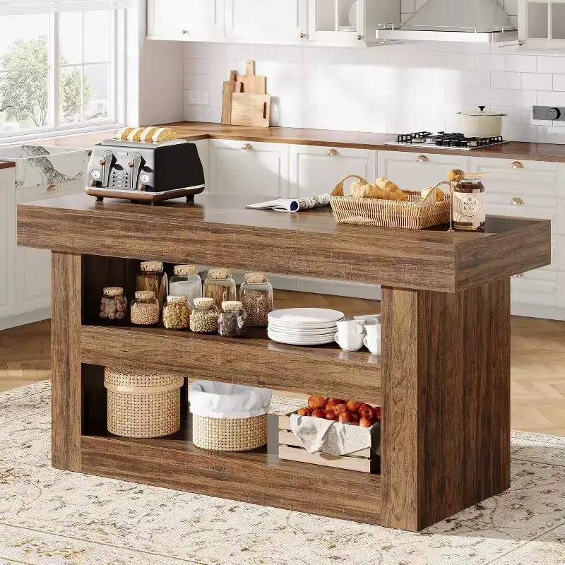Lantine 55 Kitchen Island, 3-Tier Stationary Island Table with Large Countertop, Wooden Coffee Bar Table Storage Cabinet for Dining Room