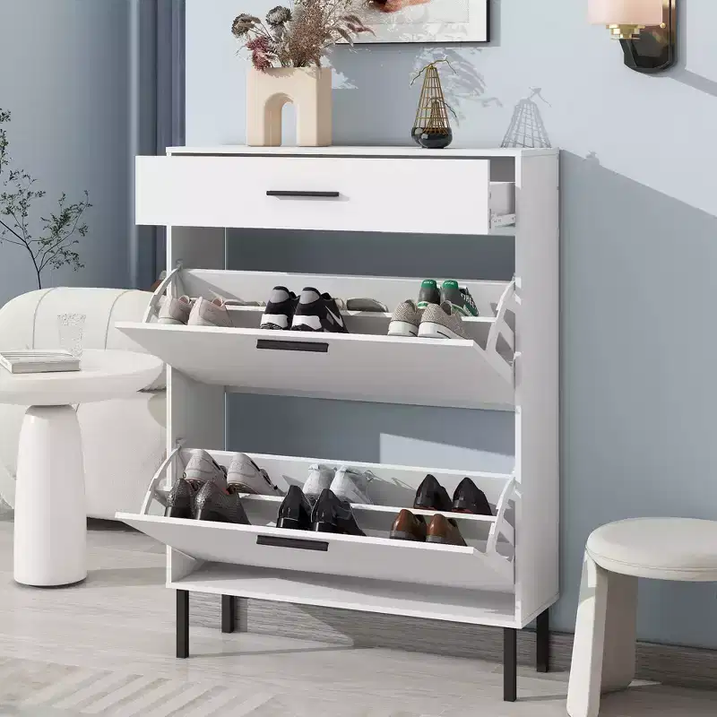 MAYEERTY Shoe Cabinet Freestanding Shoe Rack Storage Organizer with Drawers Metal Legs Modern 2 Flip Drawers for Entryway
