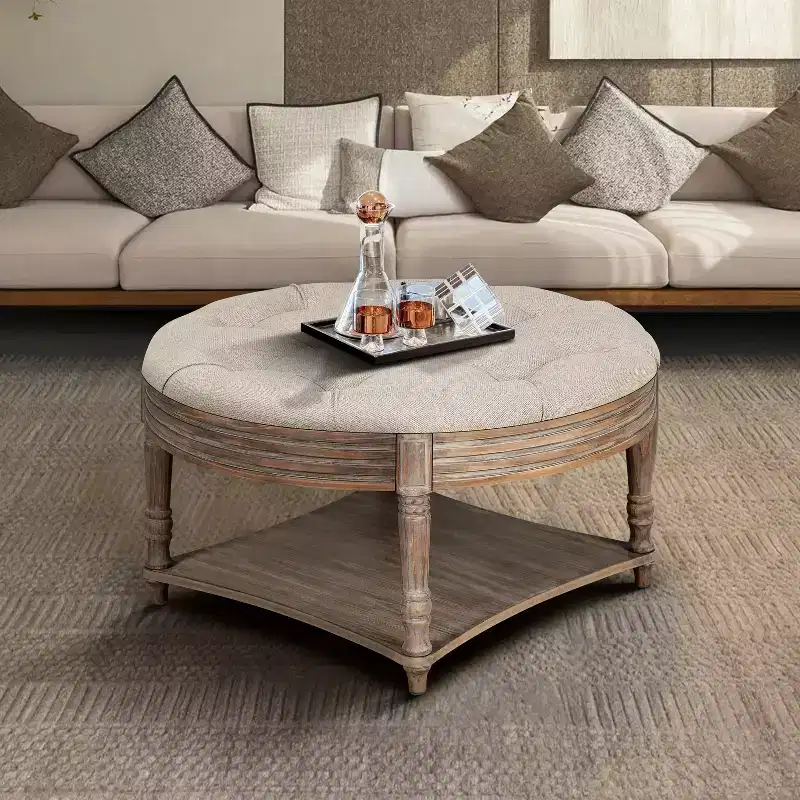 Large Round Ottoman Coffee Table,2 Tier Oversized Button Tufted Ottoman with Wooden Shelf Storage Farmhouse Upholstered Coffee Table