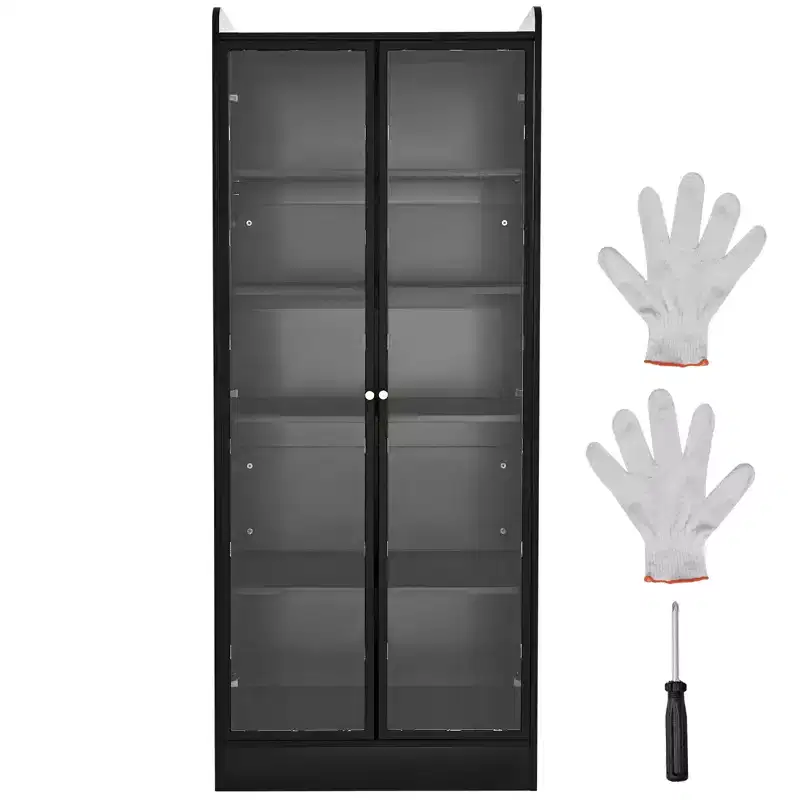 Display Cabinet with Doors, 67 in Tall Lighted Display Case with 2 Adjustable Shelves, 5-Tier Curio Collectibles Storage Cabinet, Black
