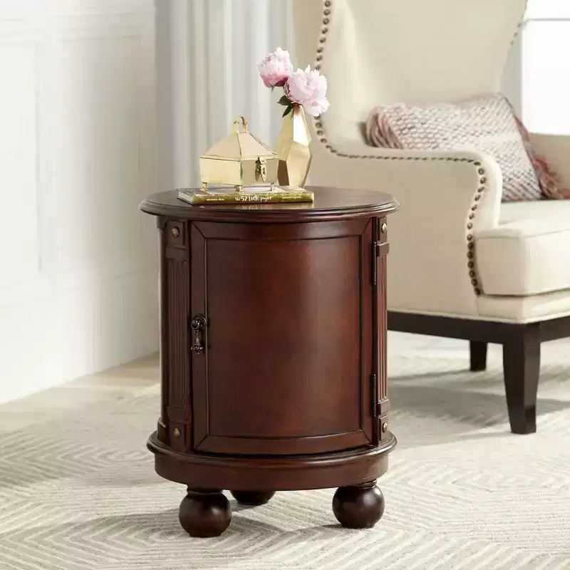 Elm Lane Kendall Vintage Espresso Wood Round Accent Table 19 Wide with Door and 2-Shelf Dark Brown for Living Room Bedroom Bedside Entryway Office