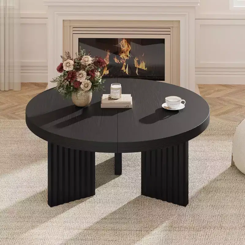 33.4 Small Round Coffee Table - 1.3 Thick Top with Fluted Legs, Accent Cocktail Table for Living Room Bedroom Easy Assembly