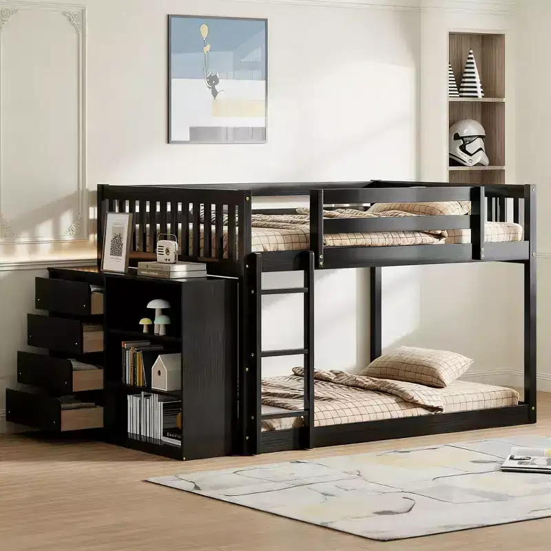 Modern Full over Full Bunk Bed with 4 Drawers and 3 Shelves