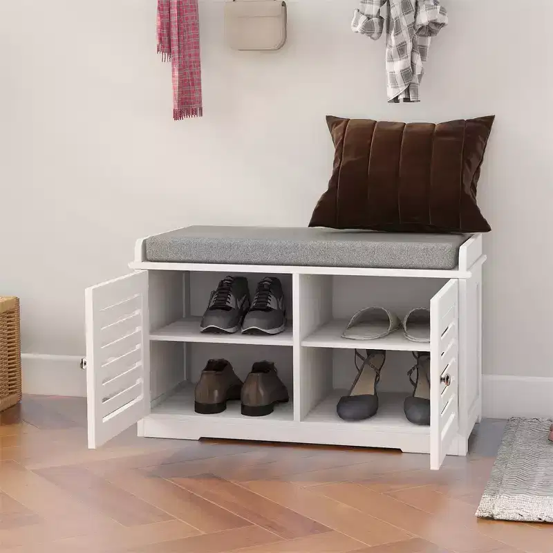 Shoe Storage Benches White Shoe Rack Bench with 2 Doors & Padded Seat Cushion in Grey Shoe Cabinet Shoe Entryway Bench with Shoe Organizer