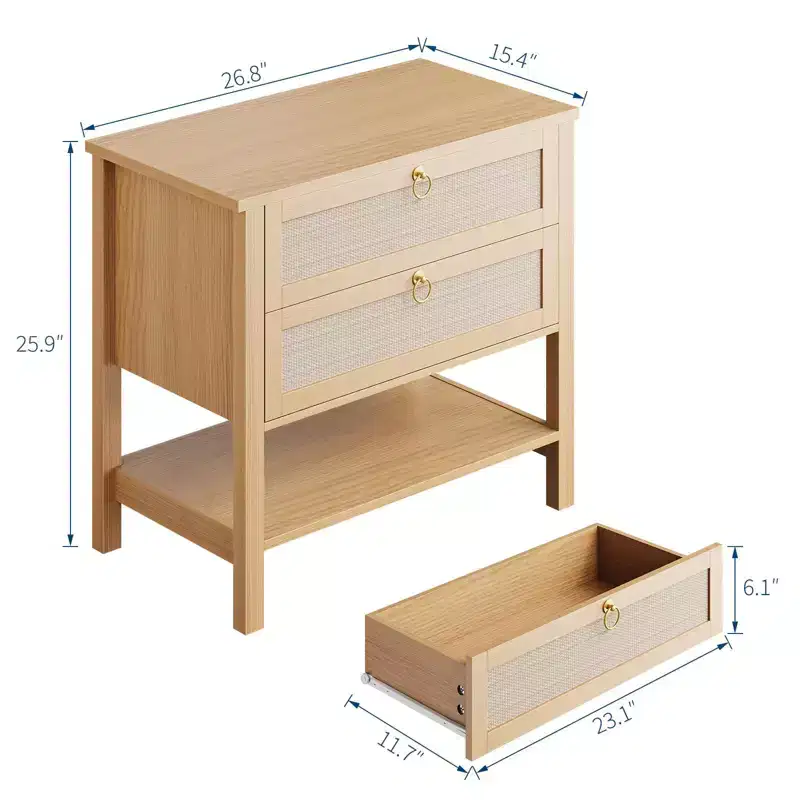 Rattan Nightstand with 2 Drawers and Storage Shelf, Modern Farmhouse Nightstand, Side Tables for Living Room, Bedroom