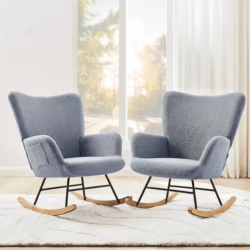 Javlergo 2 Piece Upholstered Teddy Rocking Chair with Storage Pockets Modern Rocking Accent Chairs Comfy Side Chair