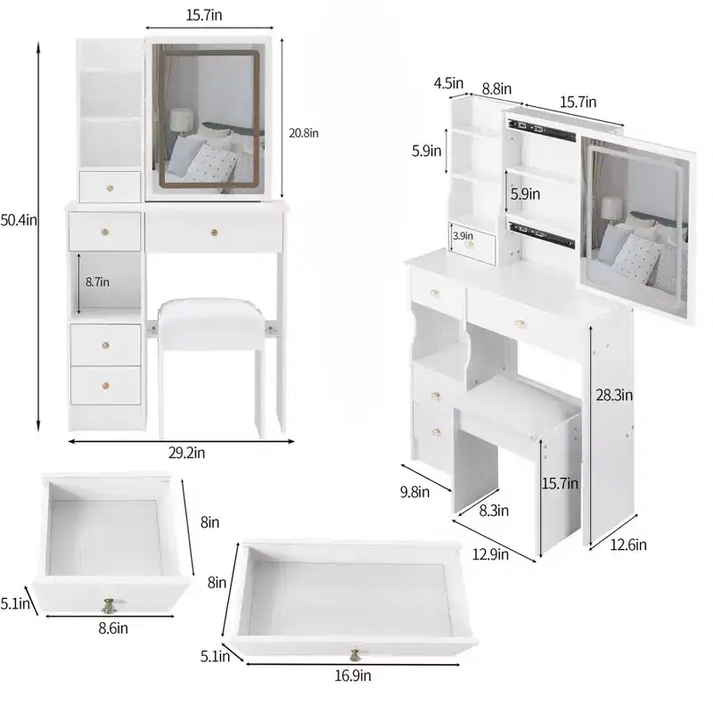 Makeup Vanity Desk with Mirror and LED Lights, Vanity Table Set with 6 Drawers & Open Shelves & Cushion Stool
