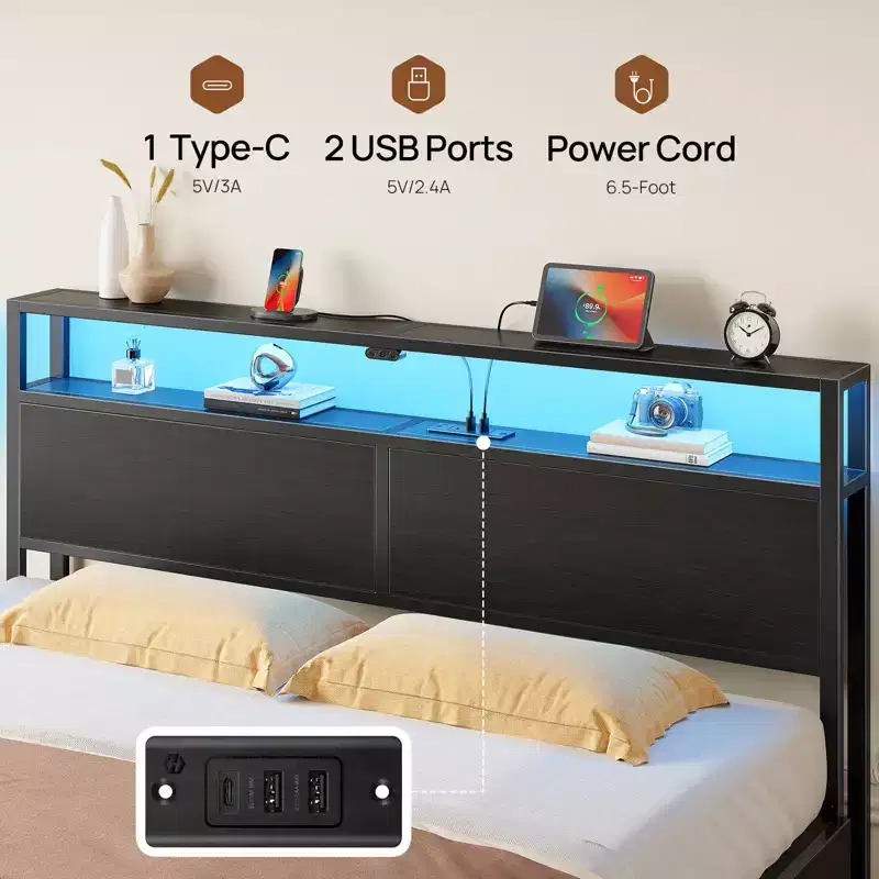 Greenstell Platform Bed - Wooden Bookcase Headboard, 4 Drawers, Dimmable LED Lights & Safe USB Charging, Easy Assembly