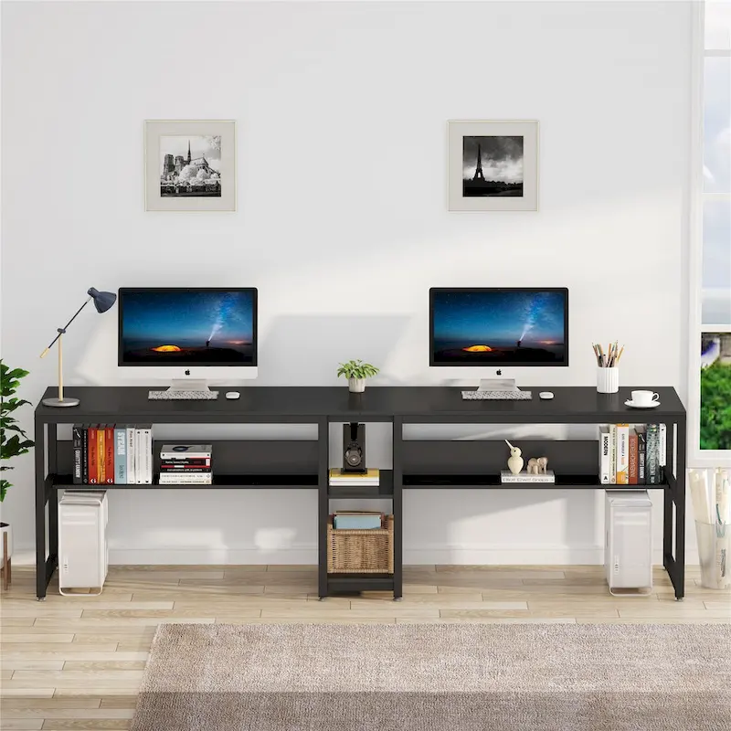 Two Person Desk with Bookshelf, Double Office Desk
