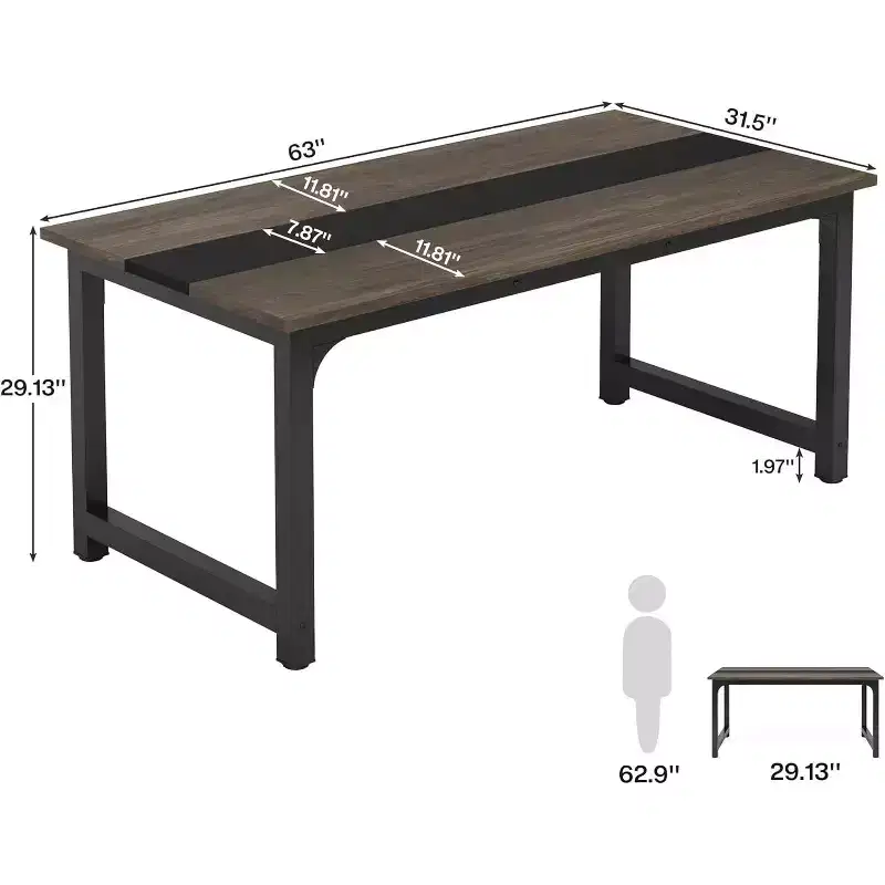 63-Inch Executive Desk, Large Office Computer Desk with Thick Frame, Modern Workstation for Home Office, Vintage Grey/Black
