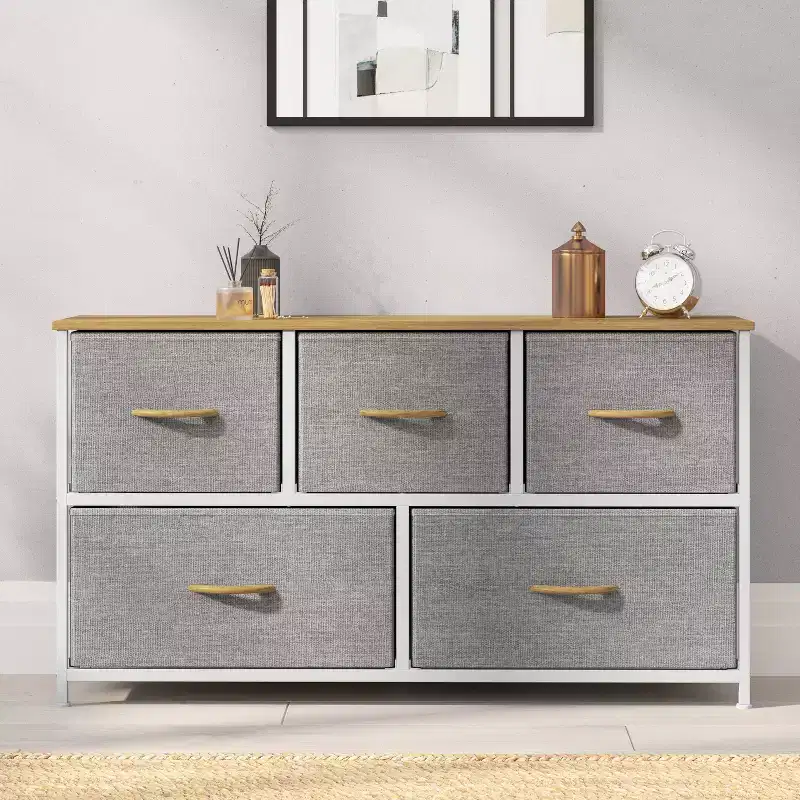 5 Drawer Storage Dresser with Cast Iron Frame, Wood Top and Easy Pull Fabric Drawers with Wooden Handles