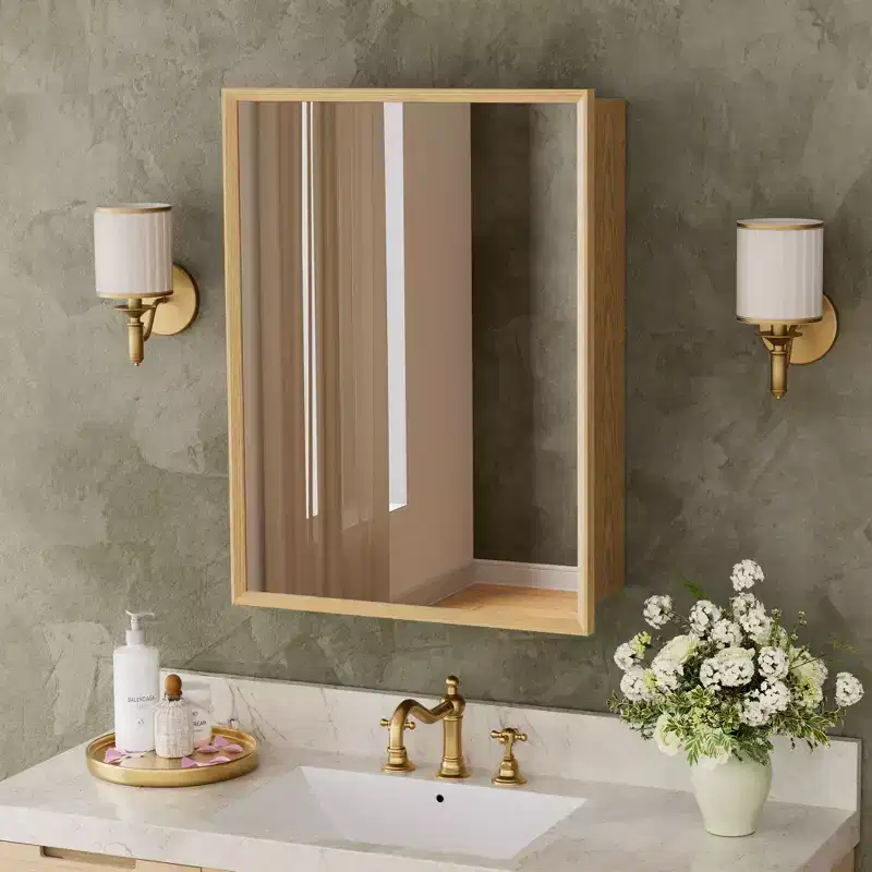 Oak Wood Framed Bathroom Wall Cabinet with Mirror and Adjustable Shelves, Wall Mounted Storage Cabinet with Mirror for Bathroom