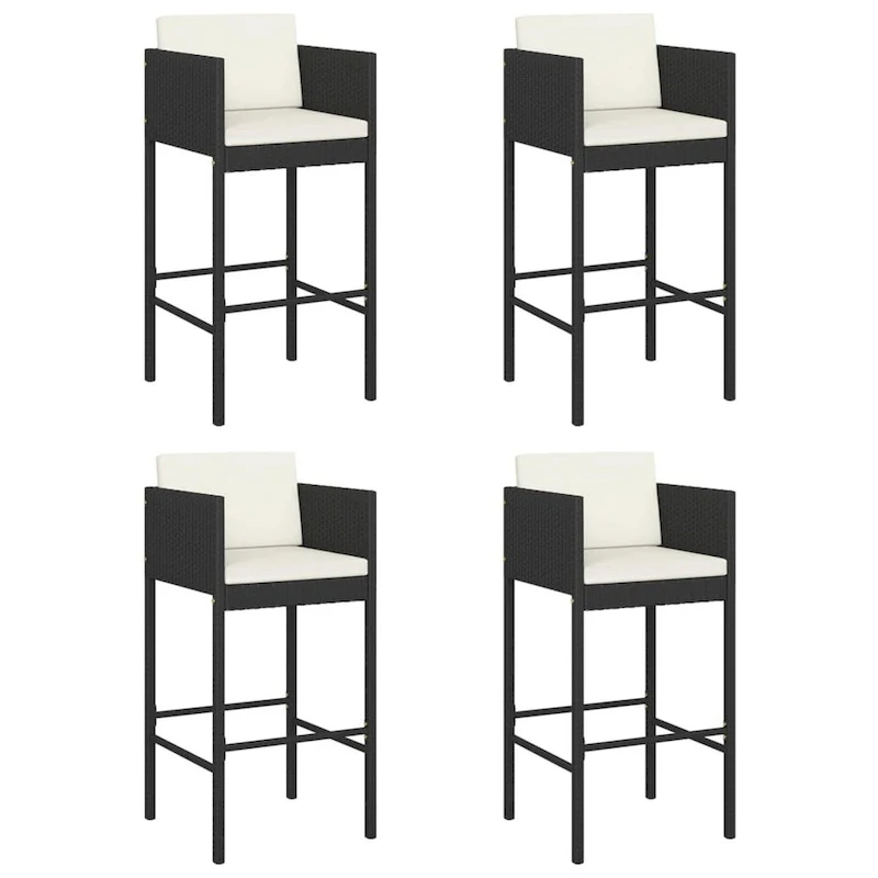 Outdoor Barstool Chair Set of 4, White Fabric Cushions, Black Rattan
