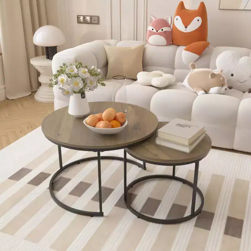 27 Round Nesting Table Set of 2, Industrial Wood-Look Tops with Sturdy Metal Frame, Space-Saving Accent End Tables, Brown